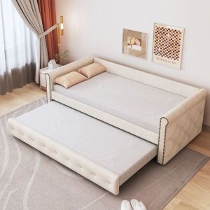 Lit gigogne 90x200 cm Lit double Canapé-lit extensible avec sommier à lattes - Beige