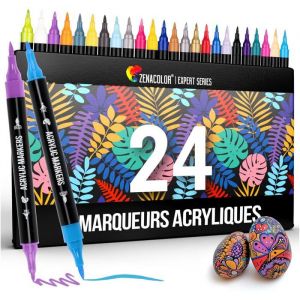 FLEUVE - Feutre Acrylique - 24 Couleurs Double Pointe (Fine et Pinceau) - Marqueurs Pour Diverses Surfaces et Art