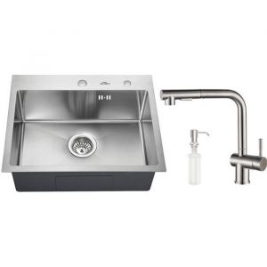 Évier 1 Bac 55x45x185CM + 7-Forme Robinet de Cuisine Rotatif à 360° Évier Brossé à Encastrer en Inox avec Distributeur de savon
