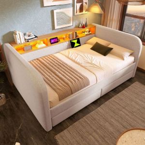 Banquette-lit Double 140x190cm - LED Charge USB-C 2 Tiroirs T&ecirc;te De Lit Rangement - Tissu Lin Beige Clair (sans Matelas)