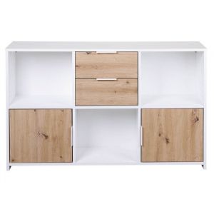 Commode, meuble de rangement avec 2 portes et 2 tiroirs coloris chêne Artisan /blanc - longueur 120 x profondeur 30 x hauteur 77 cm