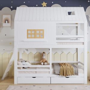 Lit superpos&eacute; 90x200cm lit enfant avec fen&ecirc;tre et baldaquin lit double sommier &agrave; lattes &eacute;chelle et tiroirs. Bois massif blanc