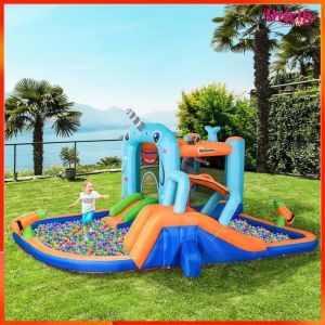 Ch&acirc;teau gonflable aire de jeux - AKOZON - 16313 - 2 toboggans - trampoline et piscine - gonfleur 450W
