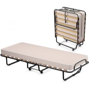 GIANTEX Lit d'Appoint Pliant 80X190CM avec Roulettes +Matelas en Mousse à Mémoire,Lit 1 Place 15 Lattes+Cadre en Acier,Charge 120KG