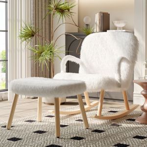 Fauteuil à Bascule - LUMINARIX - Rocking Chair Pieds en Bois Massif accoudoirs et repose-pieds Tissu à fibres longues Blanc