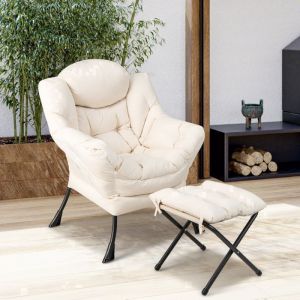 GIANTEX Fauteuil Relax avec Repose-Pied Pliable et Oreiller- Fauteuil Rembourré Moderne- pour Salon/Bureau- Charge 150 kg- Beige