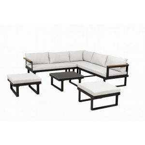 Salon de jardin d&rsquo;angle 7 places - Aluminium - ALMARA - Canap&eacute; dangle + 2 tabourets + table - Ecru