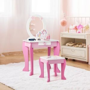 DREAMADE Coiffeuse Princesse avec Miroir Amovible et Tabouret Ensemble de Vanité Table de Maquillage pour Enfants Fille Rosé