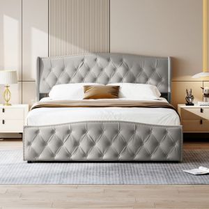 140×200cm Lit Coffre avec Sommier Lit 2 Personnes en Velours Gris Coffre de Rangement Lit Adulte Lit Ado Scandinave