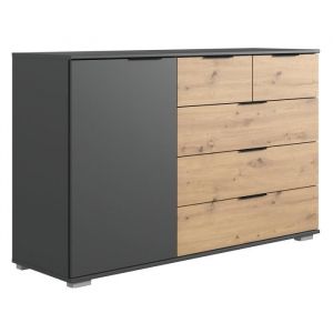 Commode meuble de rangement Berlin coloris graphite-imitation ch&ecirc;ne artisan - Longueur 130 x Hauteur 90 x Profondeur 41 cm