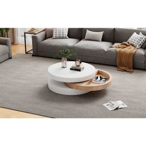 Table basse ronde 60&times;60&times;351 cm - REDOM - avec plateau tournant 360&deg; et rangement cach&eacute; - en MDF blanc et bois naturel