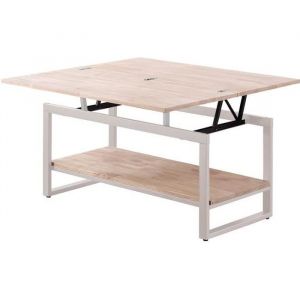 Table basse relevable et extensible en bois de chêne avec pied en métal blanc-Longueur 100 x Profondeur 45-90 x Hauteur 47-62 cm