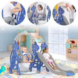 LZQ 4 en 1 Toboggan pour Enfants en Plastique Aire de Jeux avec panier de basket-ball balan&ccedil;oire &eacute;chelle descalade toboggan