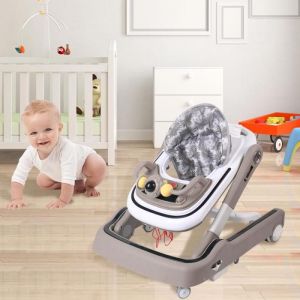 Trotteur bébé 2 en 1 aide à la marche coussin de siège respirant avec panier de basket et pare-soleil kaki 65*58*90cm.