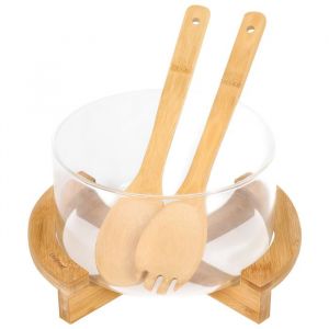 Saladier en Verre Base Bambou avec Ustensiles Inclus Ultra Pratique Cheffinger Transparent