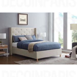 Lit double - SUSAN - 140x190 cm - Tissu capitonné taupe - Style baroque moderne