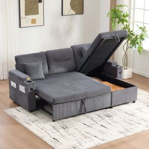 Canap&eacute; dAngle 3 Place ConvertibleEn Velours C&ocirc;tel&eacute;Rangement Int&eacute;gr&eacute;Avec Porte-gobelets et Porte USB-CGris Fonc&eacute;