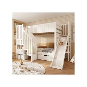 Lit superpos&eacute; enfant 90x200 cm - Avec toboggan - Avec armoire-&eacute;chelle et rangements - Avec tiroirs - En bois - Blanc - Sans matelas