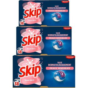 Skip Lessive liquide en capsules Sensitive 3 en 1-114 lavages - bébé & peaux sensibles - testée dermatologiquement (lot de 3x38)