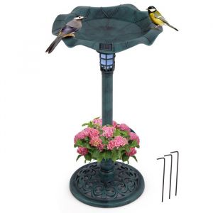 COSTWAY Mangeoire &agrave; Oiseaux sur Pi&eacute;destal Ext&eacute;rieur Lumi&egrave;res Solaires LED Bol en Feuille de Lotus et Jardini&egrave;re Bronze
