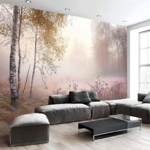 Papier Peint Panoramique For&ecirc;t Paysage 3D Champ Bouleau Soie Fresque Murale 396x280cm (L&times;H) pour Salon Chambre D&eacute;coration Murale