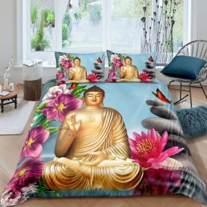 Parure de lit - MOUTON MAISON DECO - Zen Bouddha relaxation - Bleu or gris carmin - Microfibre - 220x240 cm