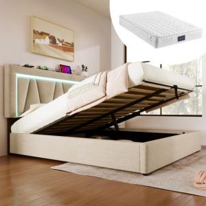 Lit Complet Adulte 140x200 Rembourré - LED et Chargeur USB-Clit double Rangement et Sommier à Lattes - Lin Durable (Avec Matelas)