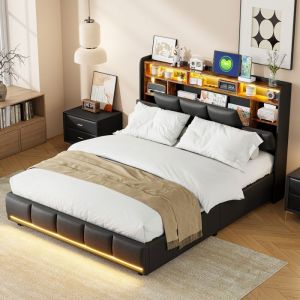 160x200 CM Lit double coffre en simili cuir noir avec sommier &agrave; lattes bande lumineuse LED r&eacute;glable USB et rangement hydraulique