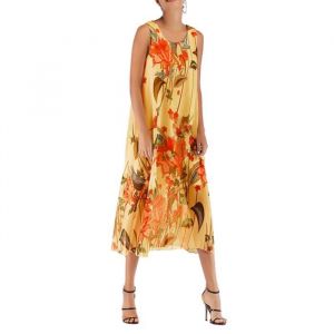 Robe mi-longue bohème sans manches imprimée floral pour femme - Jaune