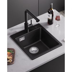 40x45CM &Eacute;vier de Cuisine en Granit - &Eacute;vier 1 Bac Noir avec Ensemble de Drainage - pour Armoire de 40 cm