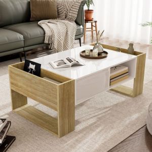 Table Basee Rectangulaire Table Basse Blanche et Bois avec Tiroir et Compartiments Ouverts Partiellement Brillante105x60x40 cm