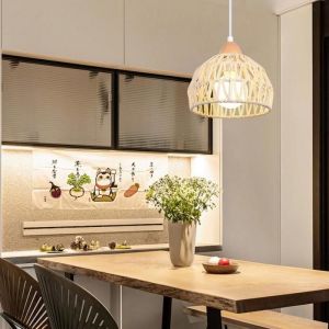 Lustre Suspension Industriel IDEGU - Lampe Luminaire Retro en Bois Rotin Blanc - 20x17x100 cm - E27 - 60W