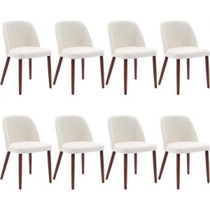 Lot de 8 chaises de salle &agrave; manger - TOYS S - rembourr&eacute;es - dossier haut - pieds en BOIS et tissu effet velours -BLANC