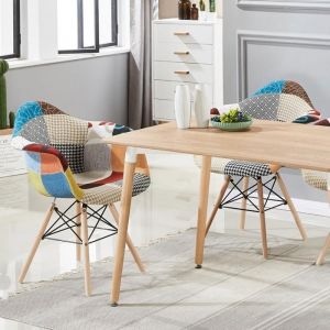 Lot de 2 chaises de salle à manger en tissu patchwork avec accoudoirs – Style Eiffel vintage pieds en bois – Salle à manger
