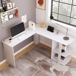 HOMVRA Bureau d&rsquo;angle 140x140x75 cm avec &eacute;tag&egrave;re 2 niveaux en panneau de particules blanc