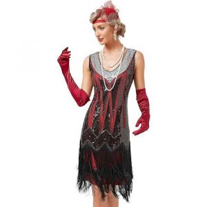 Robe de Cocktail Femme Ann&eacute;es 20 Rouge &agrave; Paillettes et Franges Style Gatsby - Robe de Soir&eacute;e Vintage Art D&eacute;co Taille S