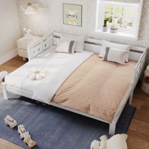 KoDise Canapé-lit 90x190 cm Lit ado Lit gigogne - pin - avec sommier à lattes - barrières en forme de cœur - blanc