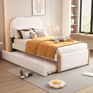 Lit gigogne 90x200 cm Lit extensible Canapé-lit 90x200 cm avec sommier à lattes Cadre en bois massif lit 2 places tissu blanc