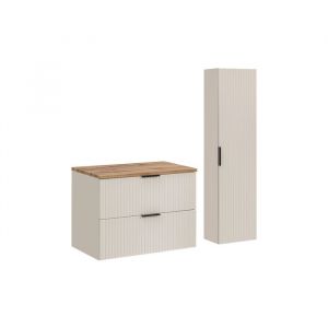 Ensemble ADEL CACHEMIRE meuble suspendu sous vasque avec plan chêne 80 cm et colonne 35 x 140 cm