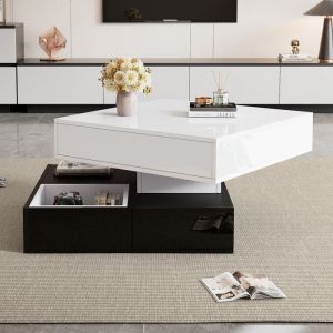 MODFU Table basse avec 3 tiroirs plateau pivotant &agrave; 360 degr&eacute;s 70x70x40 cm panneaux de particules blanc et noir
