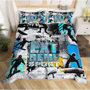 Skateboard Parure Housse de Couette Hipster Decor Parure de Lit 140x200cm Extreme Sports Parure de Lit pour Enfants Microfibre