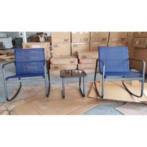 COSTWAY Ensemble 3PCS Table et Chaises de Jardin Table en Verre Trempé Chaises à Bascule 2 Places pour Balcon Patio PiscineBleu