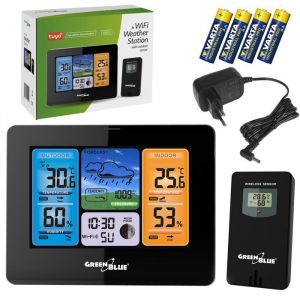 Station m&eacute;t&eacute;o GreenBlue WiFi -TUYA capteur ext&eacute;rieur calendrier pr&eacute;visions m&eacute;t&eacute;o barom&egrave;tre adaptateur secteur piles GB215