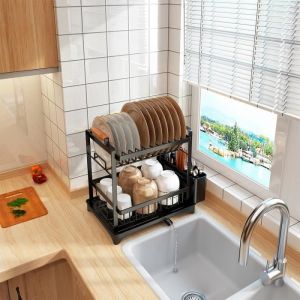 XJING &Eacute;gouttoir &agrave; vaisselles &agrave; 2 &eacute;tages- &Eacute;gouttoir &agrave; vaisselles Noir-36(L) x 265 (P) x 39 (H) cm.