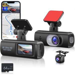 4K Dashcam Voiture Avant Arri&egrave;reWiFi Cam&eacute;ra Embarqu&eacute;e Voiture avec Carte 64GDash Cam Double Camera Recul Vision