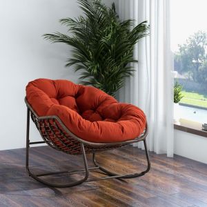 Fauteuil &agrave; bascule dext&eacute;rieur en rotin fauteuil inclinable rembourr&eacute; pour v&eacute;randa salon terrasse ou jardin couleur orange.