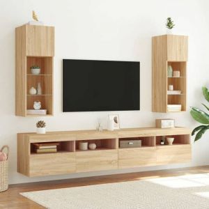 Bon plan Meubles TV avec lumi&egrave;res LED - 2 pcs - JILI HOT - meubles HiFi Suspendu - ch&ecirc;ne sonoma 305x30x90cm - Pour salon