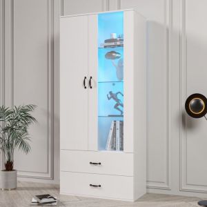 Vitrine LED Éclairée 16 Couleurs - 2 Portes Transparentes - Meuble Indépendant Vertical Pour Salon/mur - Blanc Design