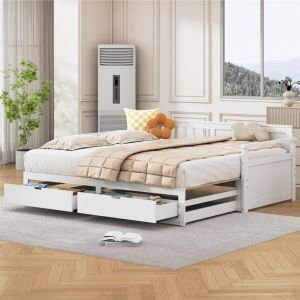 Banquette Lit Multifonction 90x190cm avec Lit Gigogne et Tiroirs de Rangement - Pin Massif Blanc