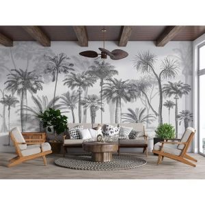 Papier Peint Panoramique jungle Soie Format personnalisé noir et blanc Sketch Tropical Rainforest Coconut Tree Poster Geant Mural